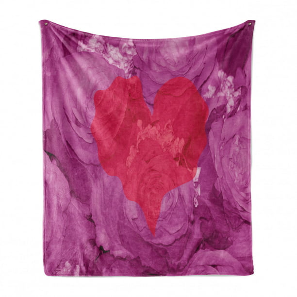 Ambesonne Romantic Soft Flannel Fleece Throw Blanket Cozy Plush for Indoor and Outdoor Use 50 x 60 Love Trembling Heart on Rose Flower Bouquets Valentines Day Fuchsia and Dark Coral 